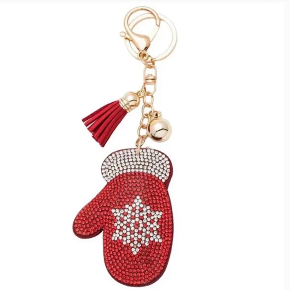 NWT Bling Red and White Winter Mitten Keychain or Bag Charm with Tass…